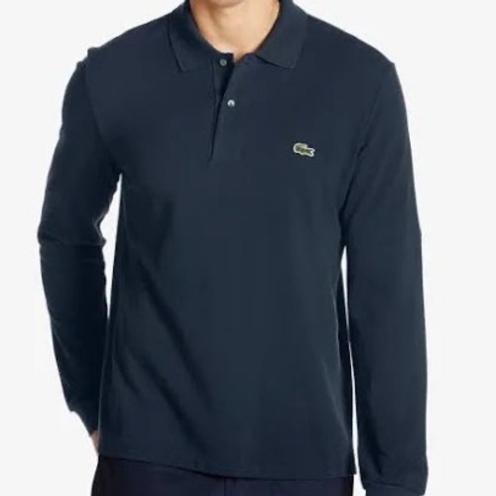 Lacoste Navy Blue Long Sleeve Polo Shirt with Green Croc Logo